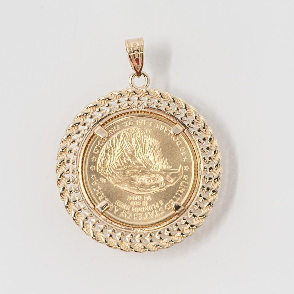 New 14k Gold Double Row Diamond Cut Bezel With 1/4oz American Eagle Coin - Picture 6 of 15